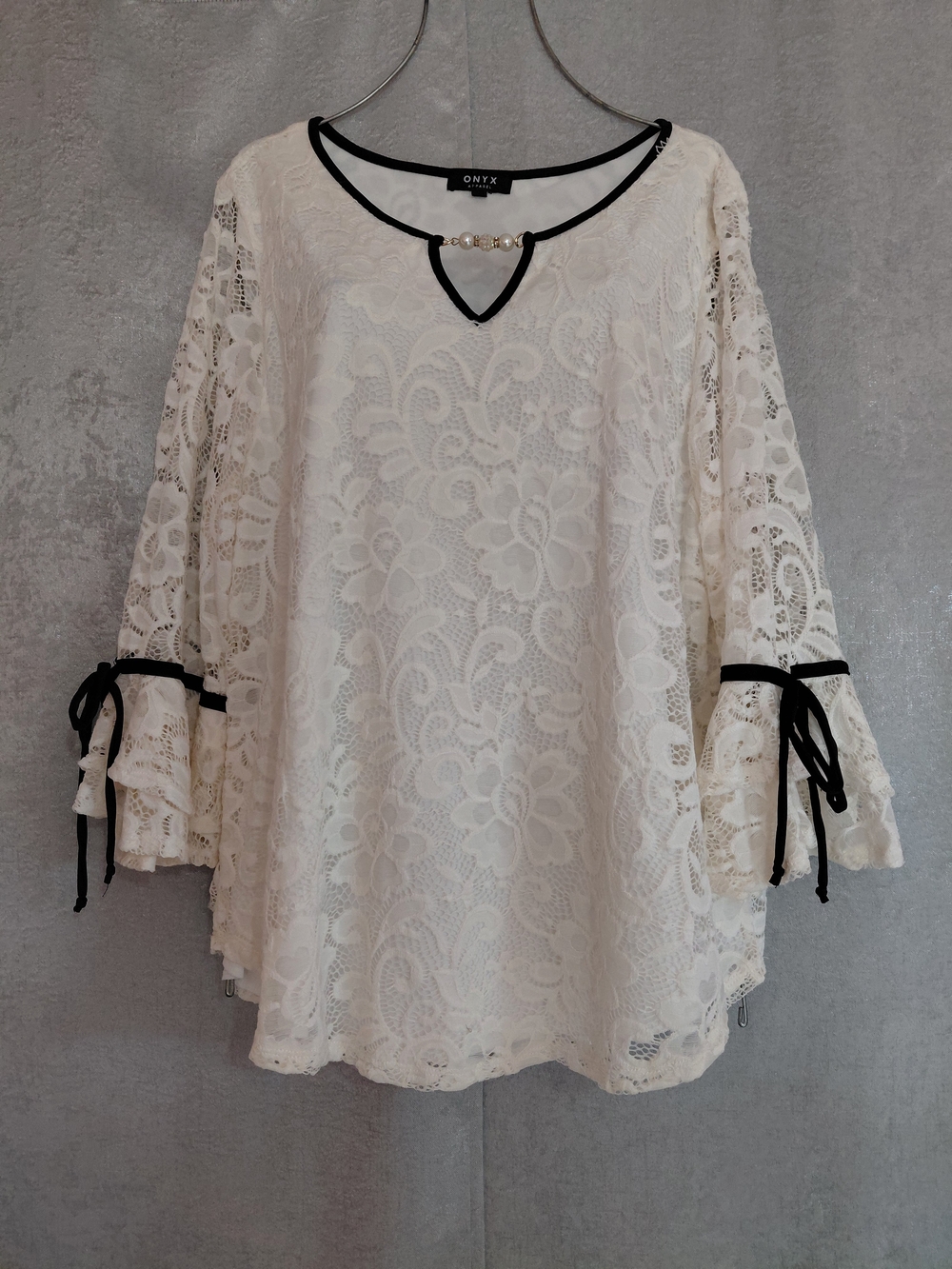 Onyx Cream Floral Lace Tunic with Black Trim and Bow Sleeves